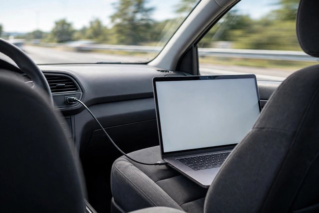 Laptop charging inside a car with a power inverter