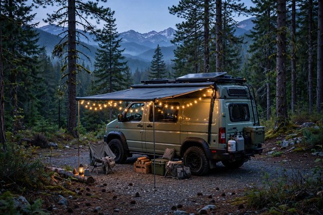 Camper van running off-grid electronics at a campsite