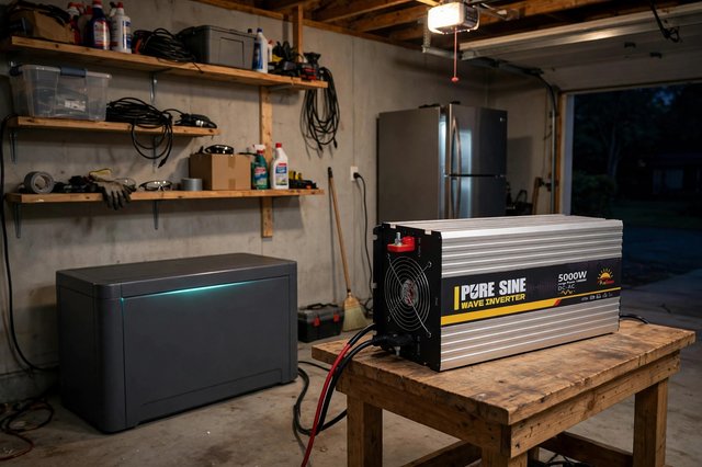 Inverter beside home battery storage in a garage