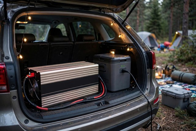 Inverter in a car trunk powering camping gear